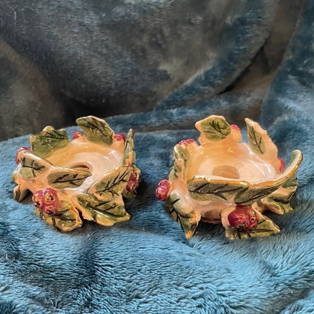 HEATHER GOLDMINC POTTERY  HOLLY CANDLE HOLDERS